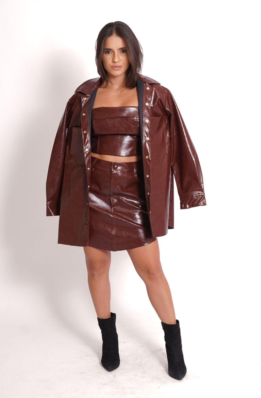 Cropped couro eco anne - Marrom Escuro